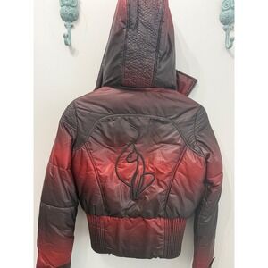 Vintage Y2K Baby Phat Ombré Cropped Puffer Jacket Coat‎ Red Black Cat Logo Small